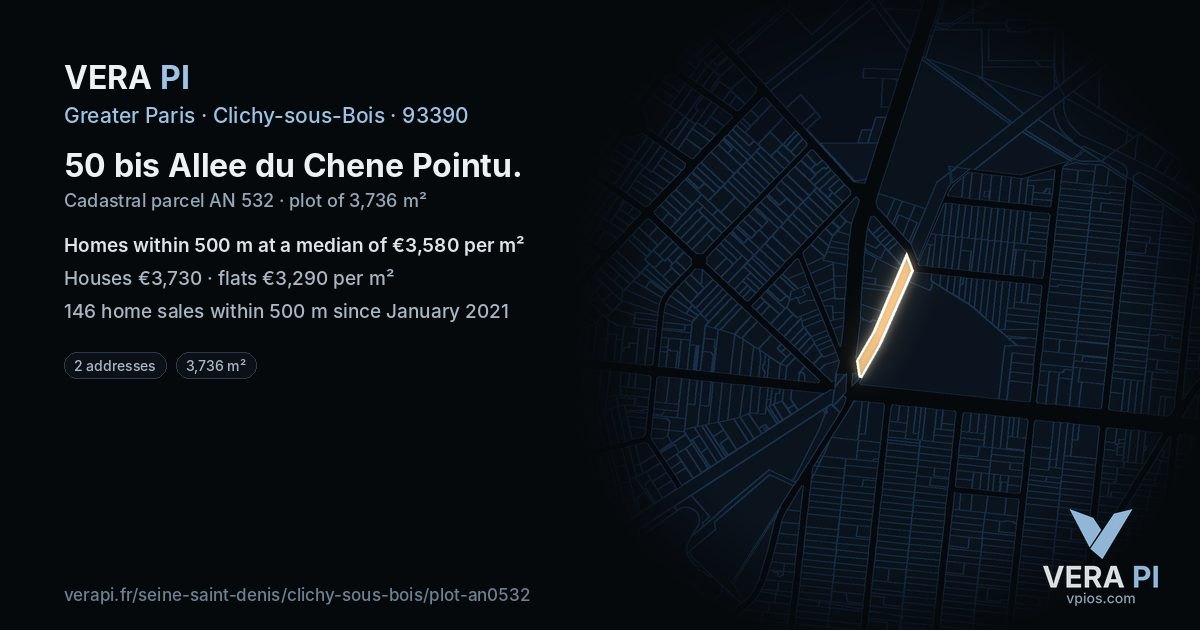 50 bis Allee du Chene Pointu, Clichy-sous-Bois at night – the plot lit, the parcels around coloured by the prices near them