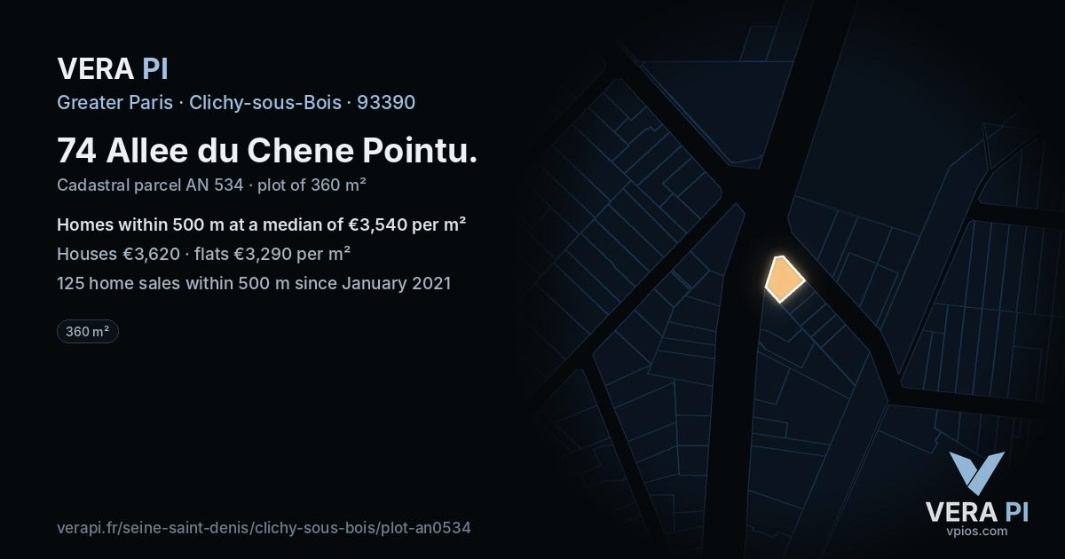 74 Allee du Chene Pointu, Clichy-sous-Bois at night – the plot lit, the parcels around coloured by the prices near them