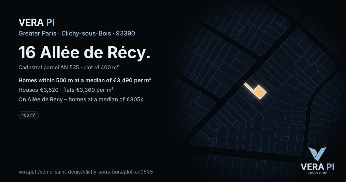 16 Allée de Récy, Clichy-sous-Bois at night – the plot lit, the parcels around coloured by the prices near them