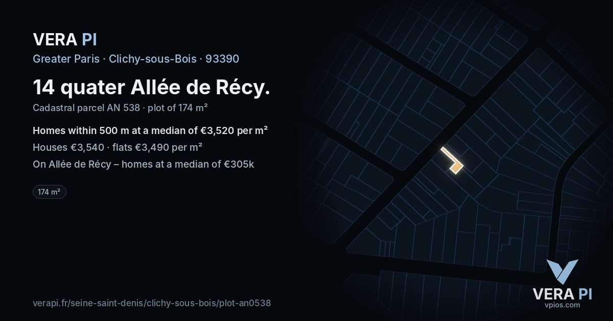 14 quater Allée de Récy, Clichy-sous-Bois at night – the plot lit, the parcels around coloured by the prices near them