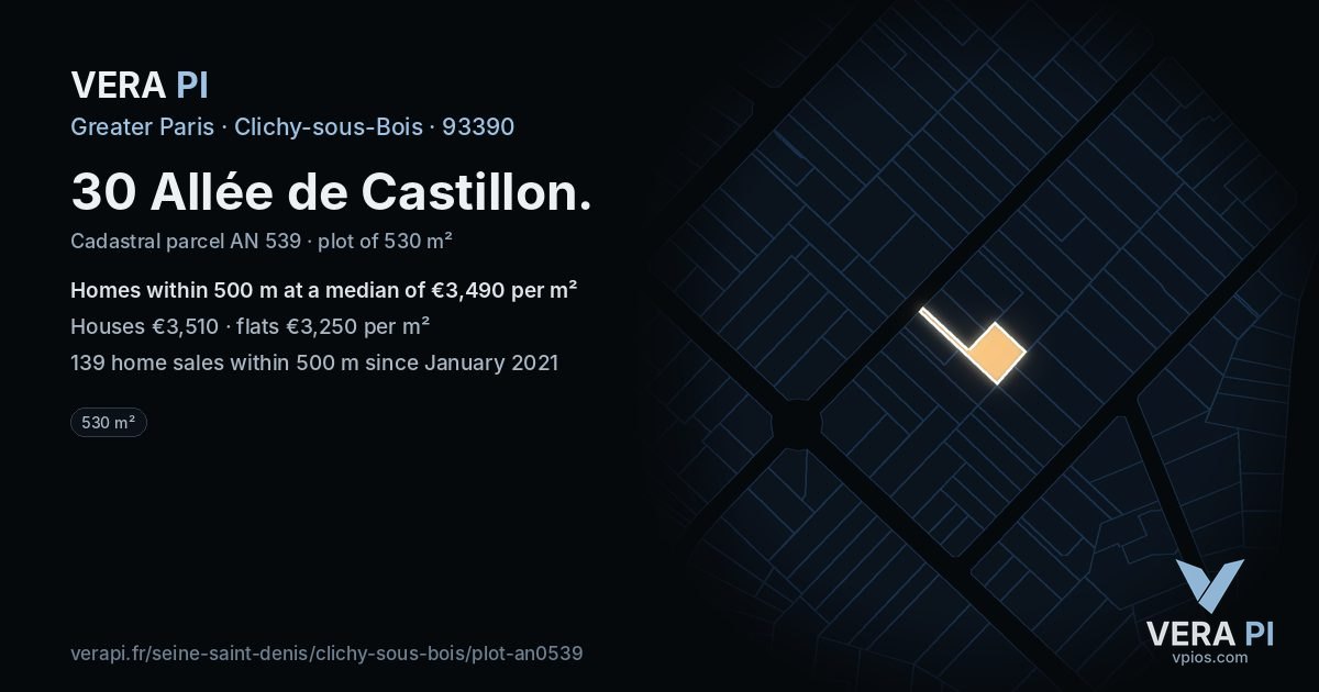 30 Allée de Castillon, Clichy-sous-Bois at night – the plot lit, the parcels around coloured by the prices near them