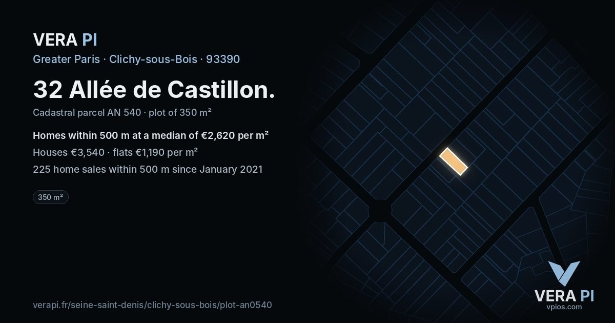 32 Allée de Castillon, Clichy-sous-Bois at night – the plot lit, the parcels around coloured by the prices near them