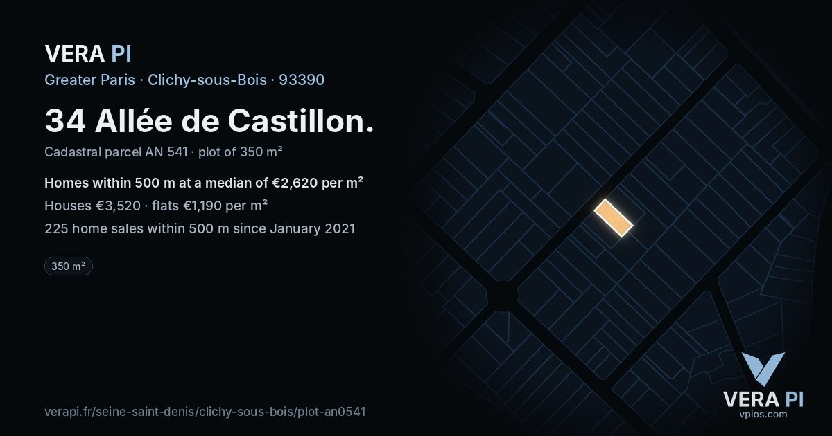 34 Allée de Castillon, Clichy-sous-Bois at night – the plot lit, the parcels around coloured by the prices near them