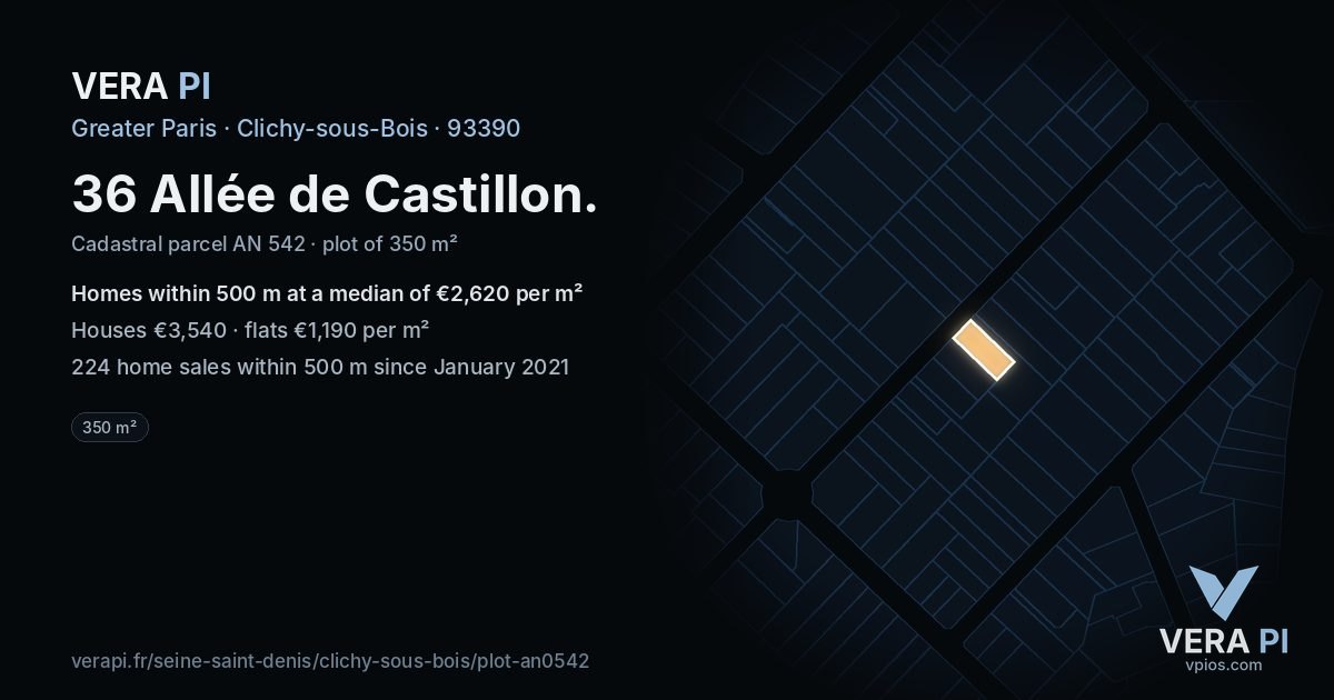 36 Allée de Castillon, Clichy-sous-Bois at night – the plot lit, the parcels around coloured by the prices near them