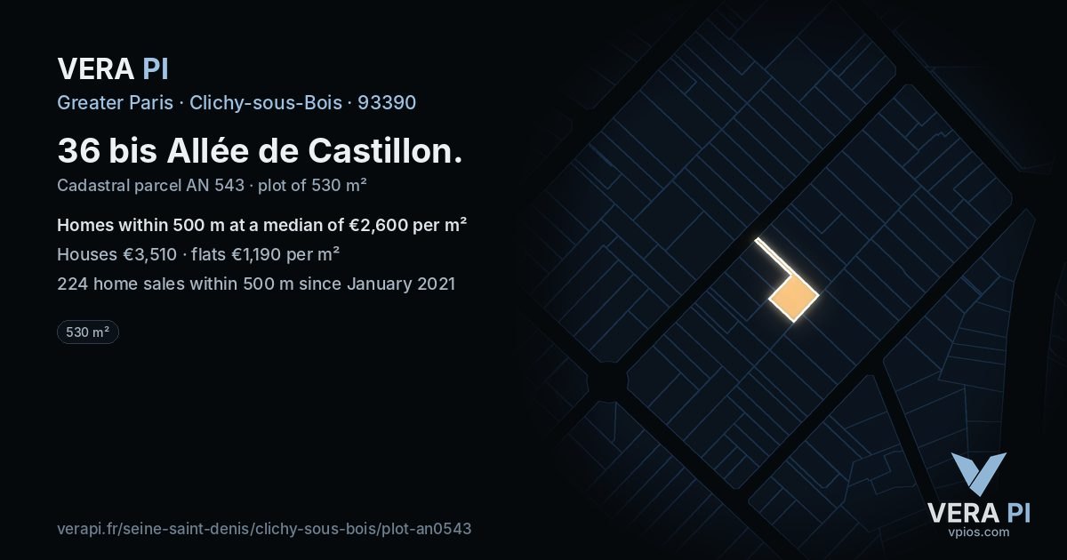 36 bis Allée de Castillon, Clichy-sous-Bois at night – the plot lit, the parcels around coloured by the prices near them
