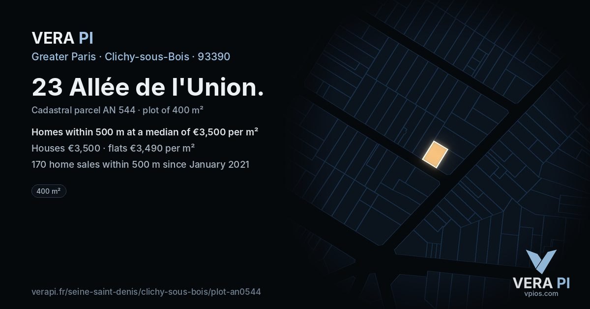 23 Allée de l'Union, Clichy-sous-Bois at night – the plot lit, the parcels around coloured by the prices near them