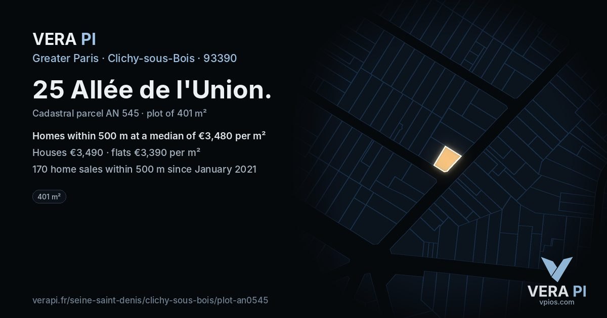 25 Allée de l'Union, Clichy-sous-Bois at night – the plot lit, the parcels around coloured by the prices near them