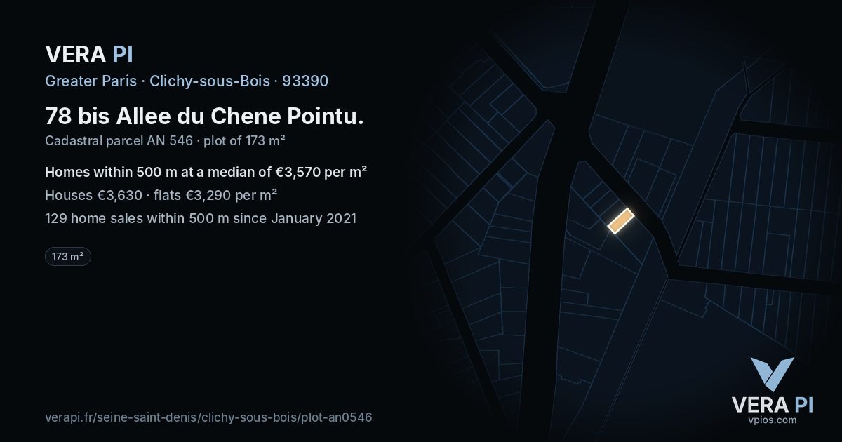 78 bis Allee du Chene Pointu, Clichy-sous-Bois at night – the plot lit, the parcels around coloured by the prices near them