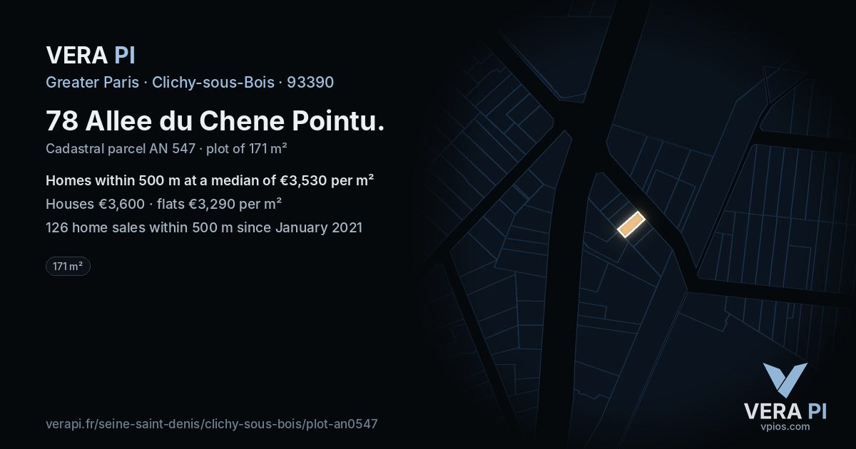 78 Allee du Chene Pointu, Clichy-sous-Bois at night – the plot lit, the parcels around coloured by the prices near them