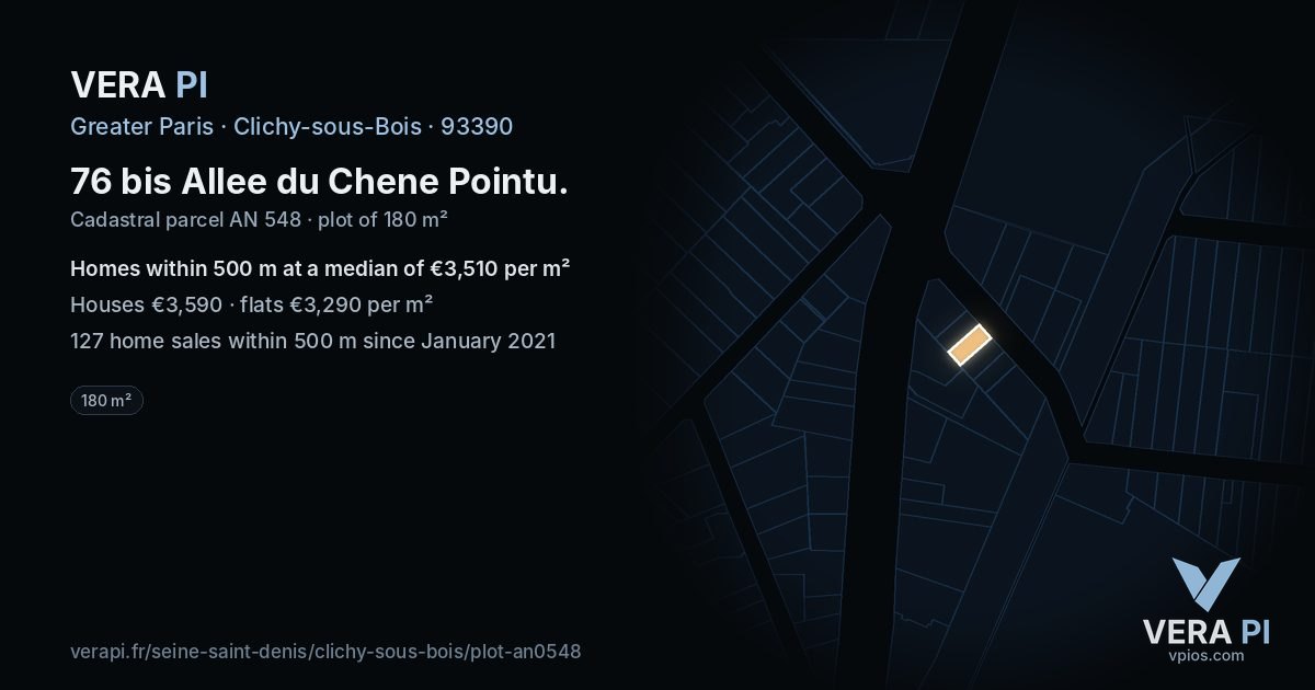 76 bis Allee du Chene Pointu, Clichy-sous-Bois at night – the plot lit, the parcels around coloured by the prices near them