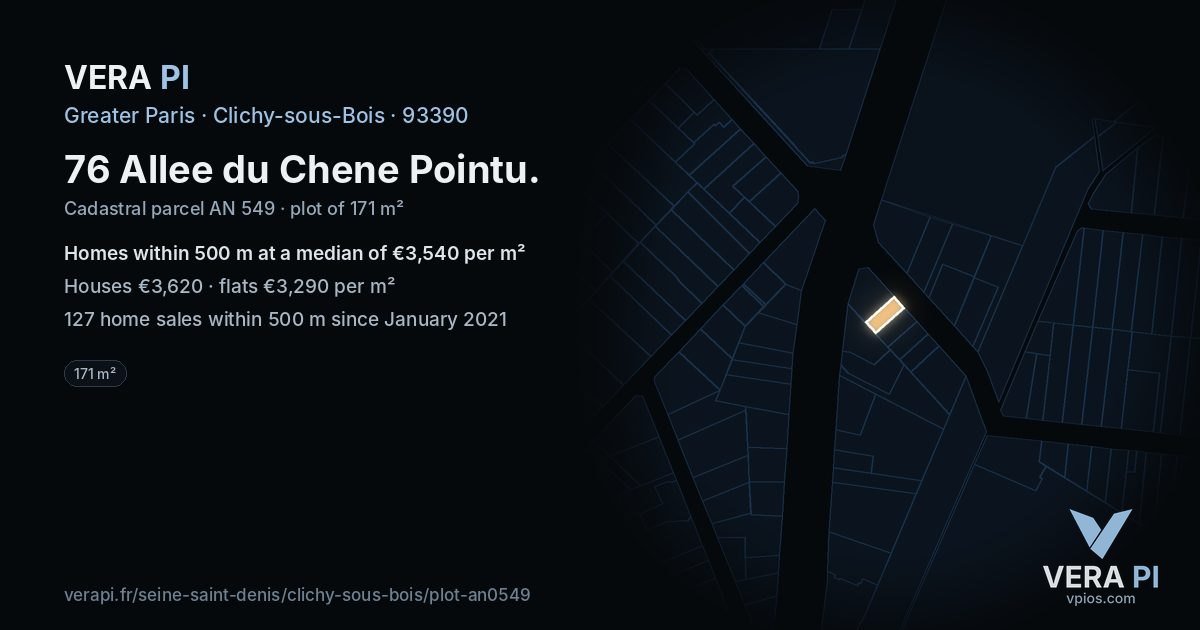 76 Allee du Chene Pointu, Clichy-sous-Bois at night – the plot lit, the parcels around coloured by the prices near them