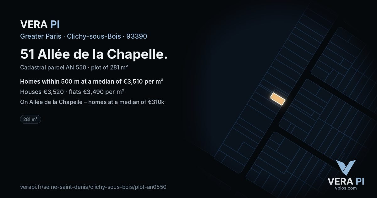 51 Allée de la Chapelle, Clichy-sous-Bois at night – the plot lit, the parcels around coloured by the prices near them