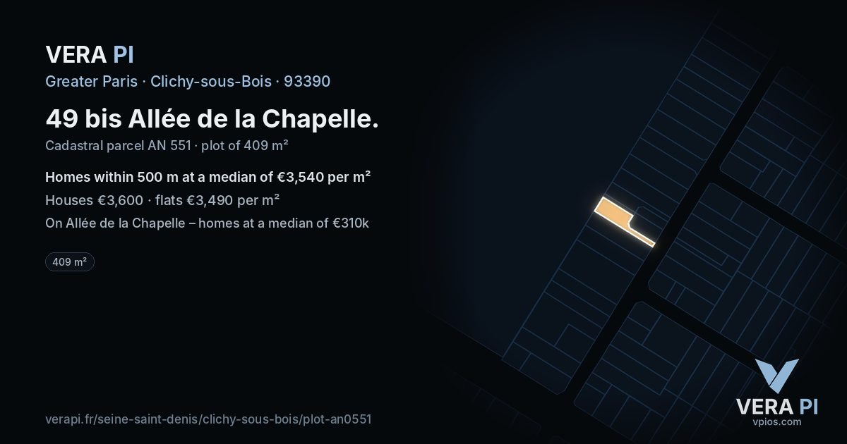 49 bis Allée de la Chapelle, Clichy-sous-Bois at night – the plot lit, the parcels around coloured by the prices near them