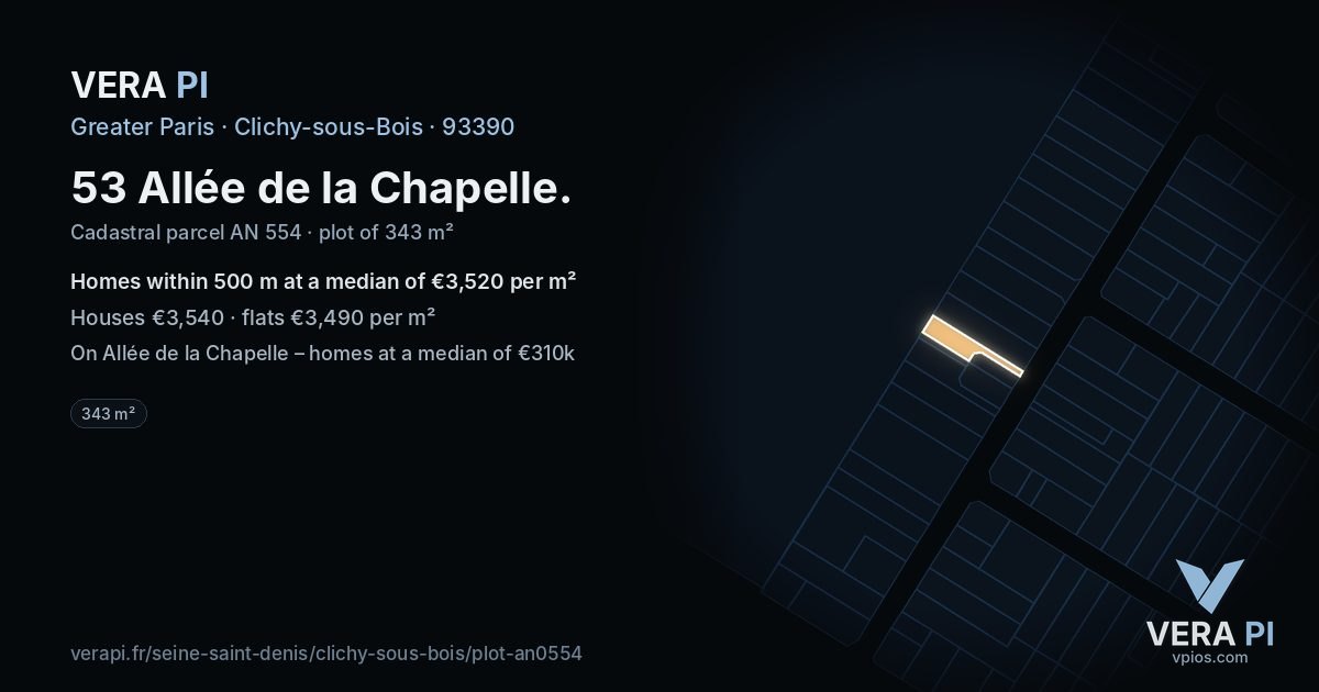 53 Allée de la Chapelle, Clichy-sous-Bois at night – the plot lit, the parcels around coloured by the prices near them