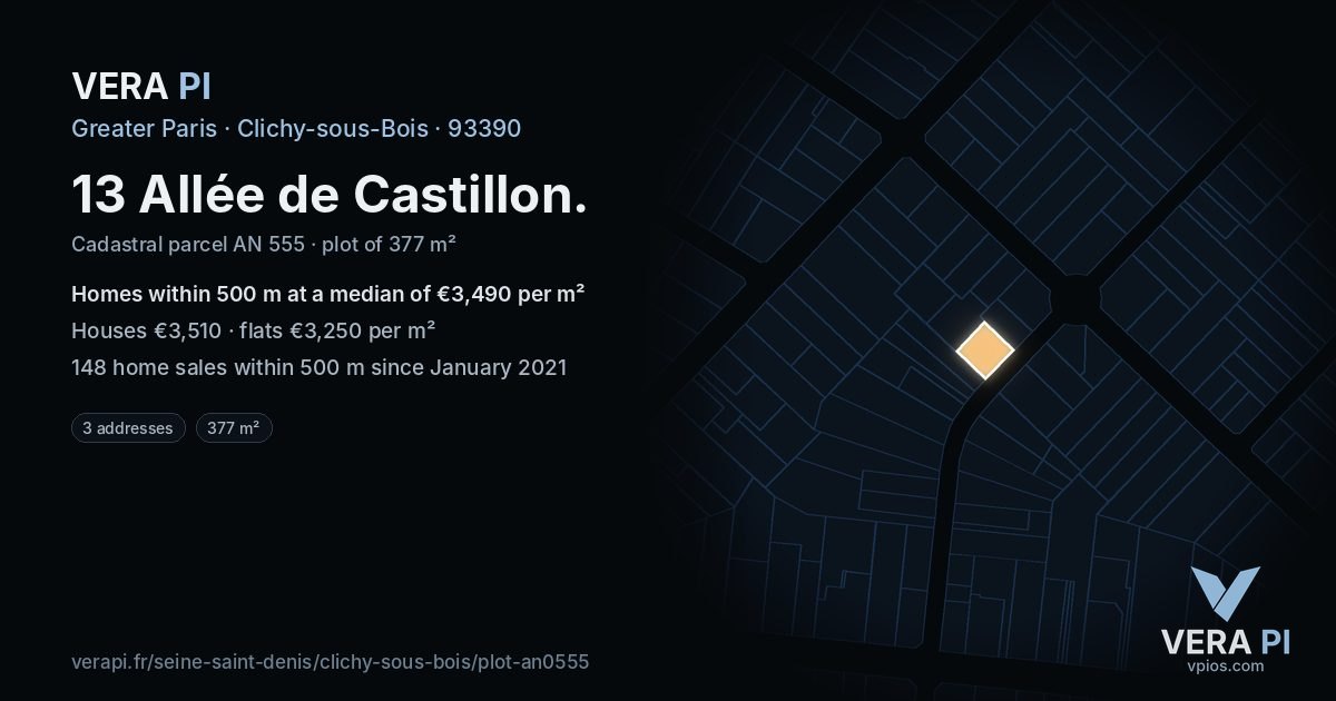 13 Allée de Castillon, Clichy-sous-Bois at night – the plot lit, the parcels around coloured by the prices near them