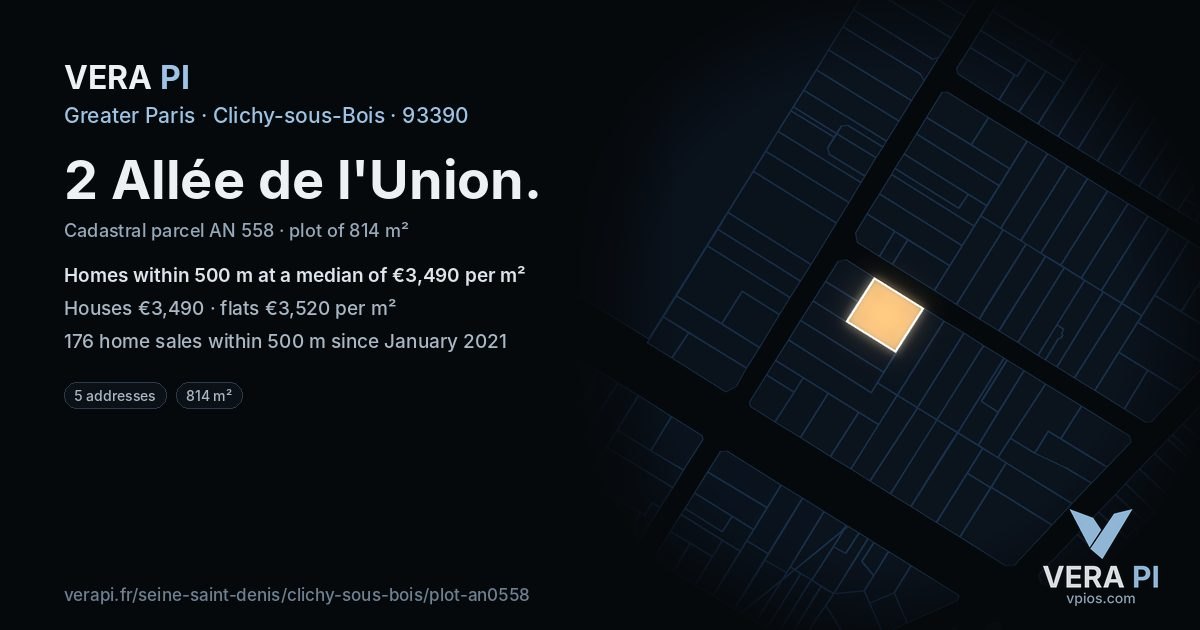 2 Allée de l'Union, Clichy-sous-Bois at night – the plot lit, the parcels around coloured by the prices near them