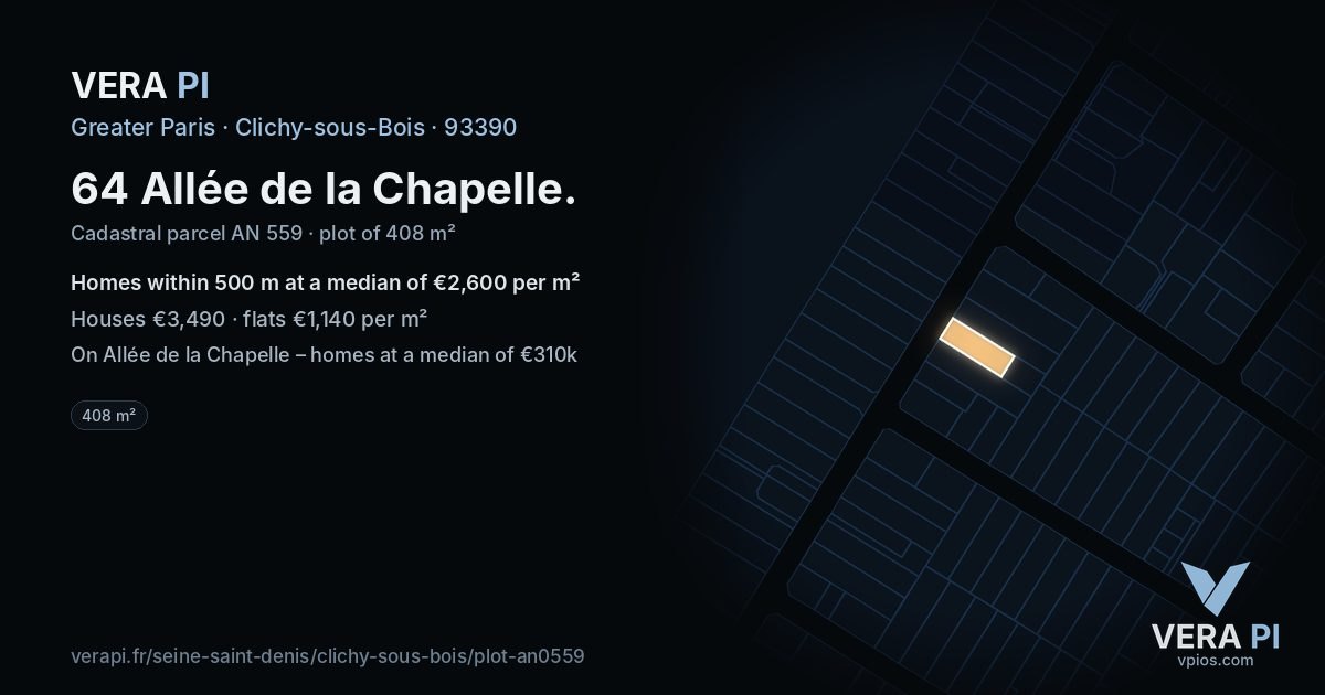 64 Allée de la Chapelle, Clichy-sous-Bois at night – the plot lit, the parcels around coloured by the prices near them