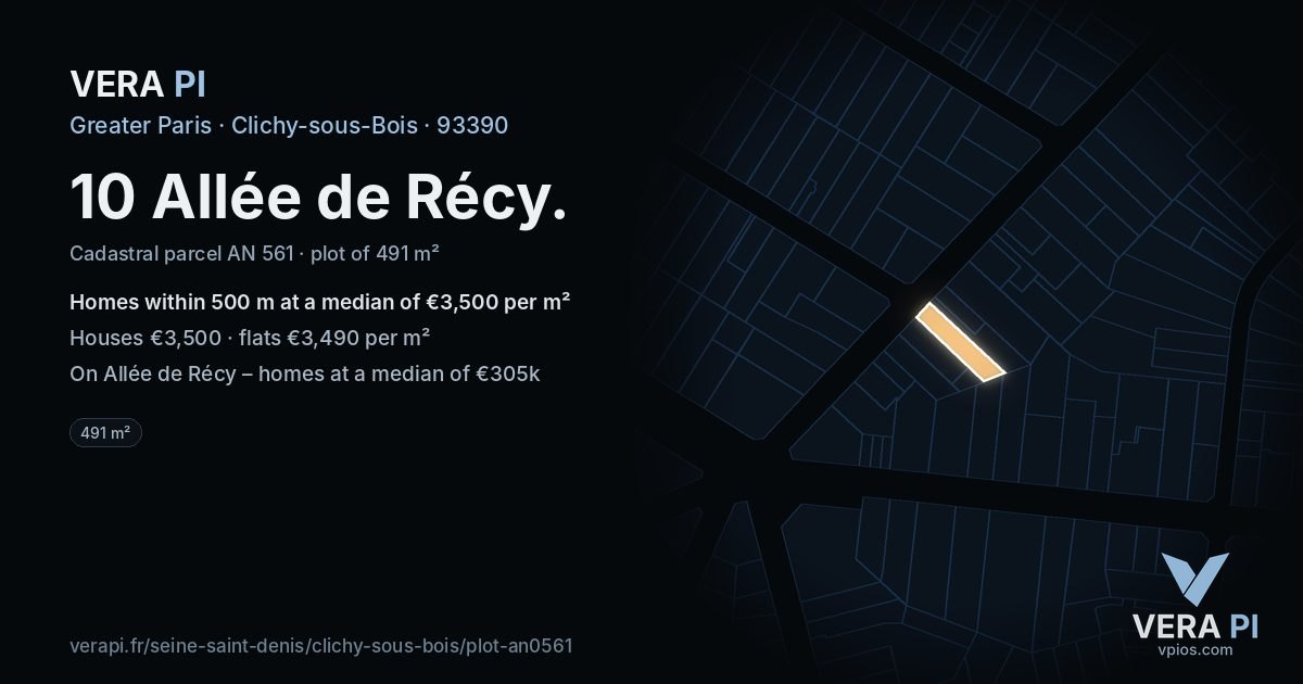 10 Allée de Récy, Clichy-sous-Bois at night – the plot lit, the parcels around coloured by the prices near them