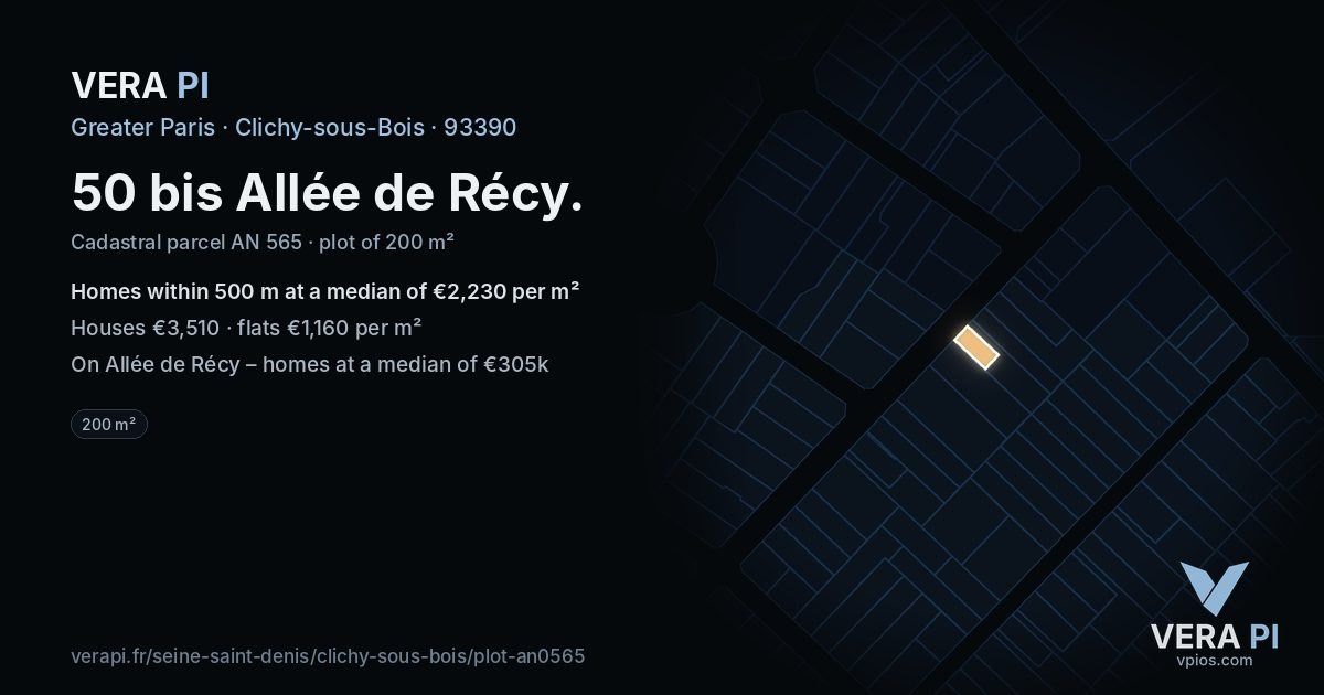 50 bis Allée de Récy, Clichy-sous-Bois at night – the plot lit, the parcels around coloured by the prices near them