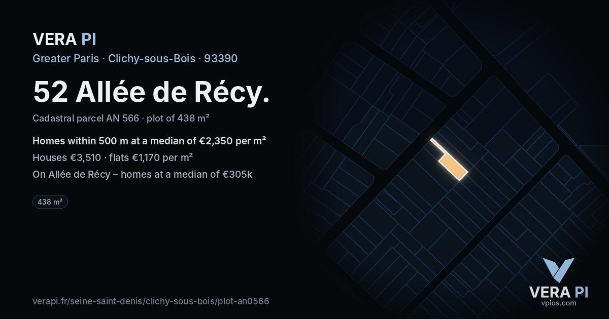 52 Allée de Récy, Clichy-sous-Bois at night – the plot lit, the parcels around coloured by the prices near them