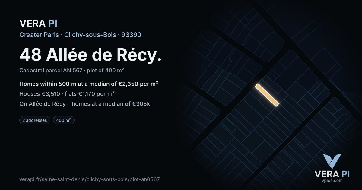 48 Allée de Récy, Clichy-sous-Bois at night – the plot lit, the parcels around coloured by the prices near them