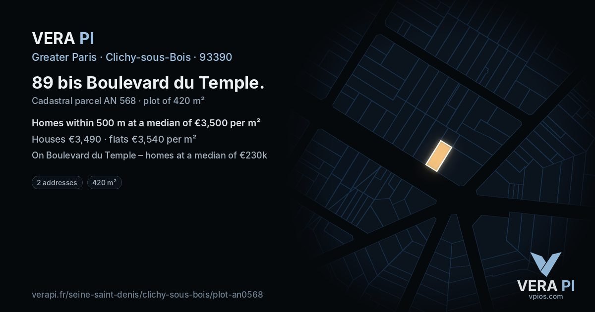 89 bis Boulevard du Temple, Clichy-sous-Bois at night – the plot lit, the parcels around coloured by the prices near them