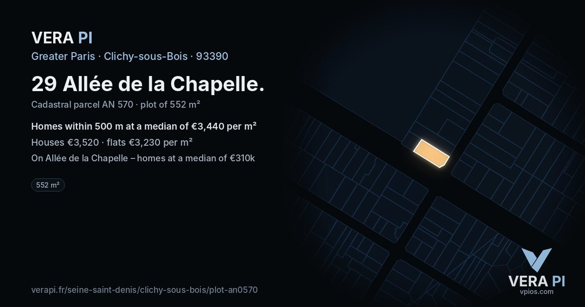 29 Allée de la Chapelle, Clichy-sous-Bois at night – the plot lit, the parcels around coloured by the prices near them