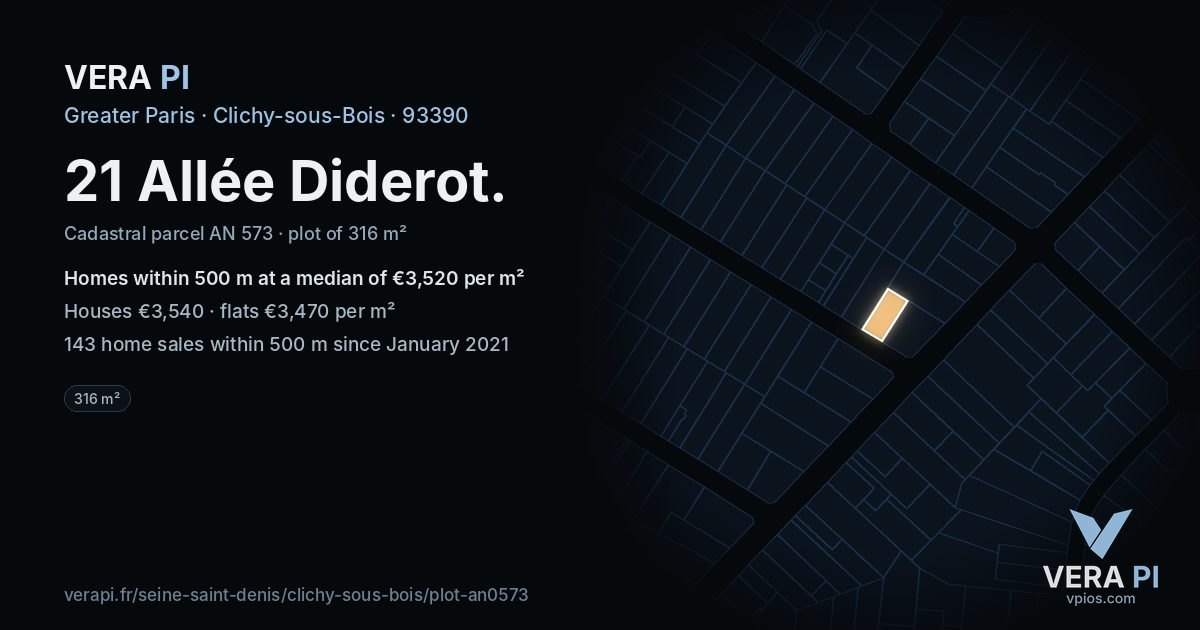 21 Allée Diderot, Clichy-sous-Bois at night – the plot lit, the parcels around coloured by the prices near them