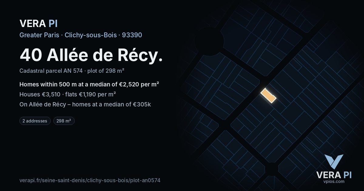 40 Allée de Récy, Clichy-sous-Bois at night – the plot lit, the parcels around coloured by the prices near them