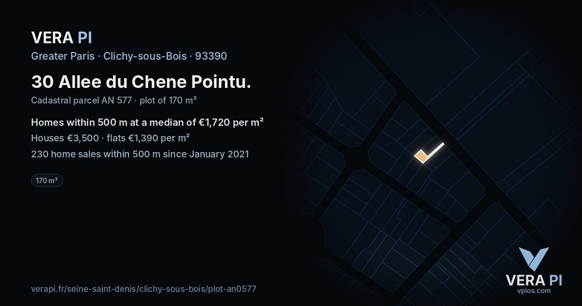 30 Allee du Chene Pointu, Clichy-sous-Bois at night – the plot lit, the parcels around coloured by the prices near them