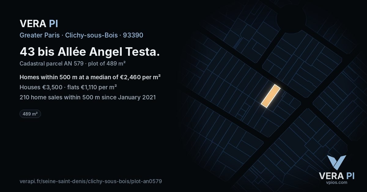 43 bis Allée Angel Testa, Clichy-sous-Bois at night – the plot lit, the parcels around coloured by the prices near them
