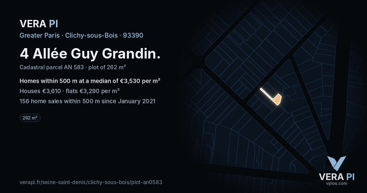 4 Allée Guy Grandin, Clichy-sous-Bois at night – the plot lit, the parcels around coloured by the prices near them