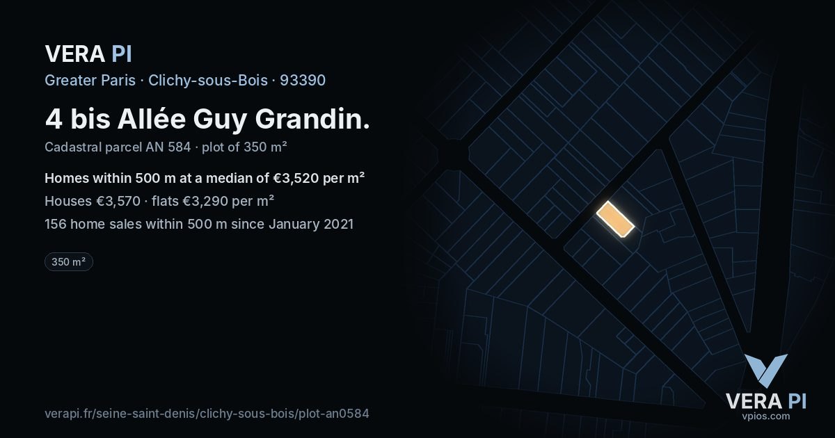 4 bis Allée Guy Grandin, Clichy-sous-Bois at night – the plot lit, the parcels around coloured by the prices near them
