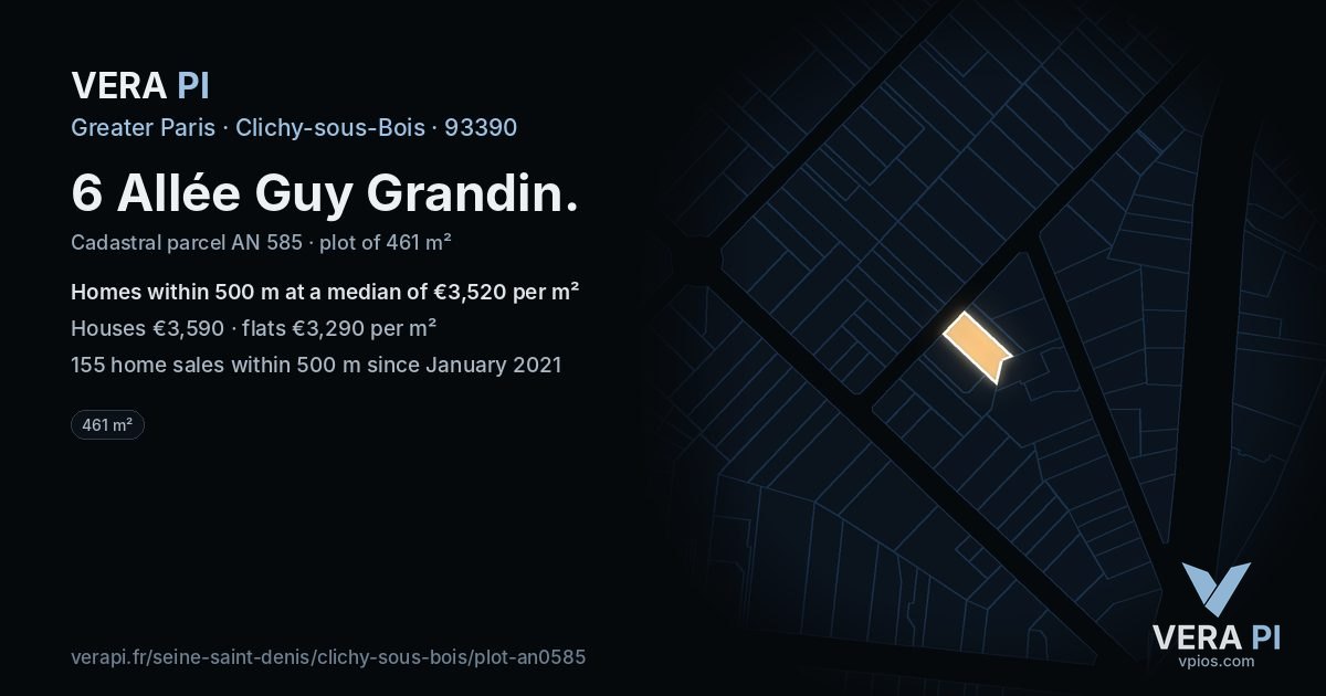 6 Allée Guy Grandin, Clichy-sous-Bois at night – the plot lit, the parcels around coloured by the prices near them