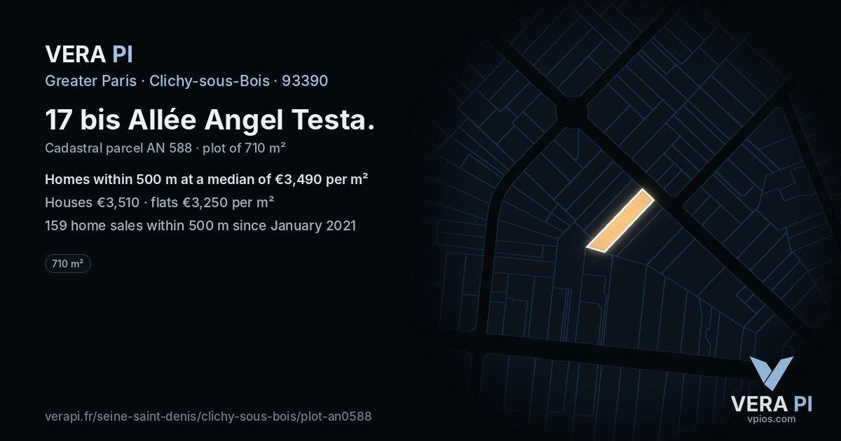 17 bis Allée Angel Testa, Clichy-sous-Bois at night – the plot lit, the parcels around coloured by the prices near them