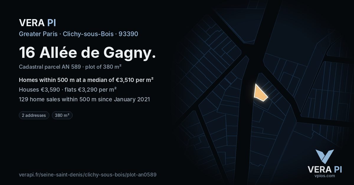 16 Allée de Gagny, Clichy-sous-Bois at night – the plot lit, the parcels around coloured by the prices near them