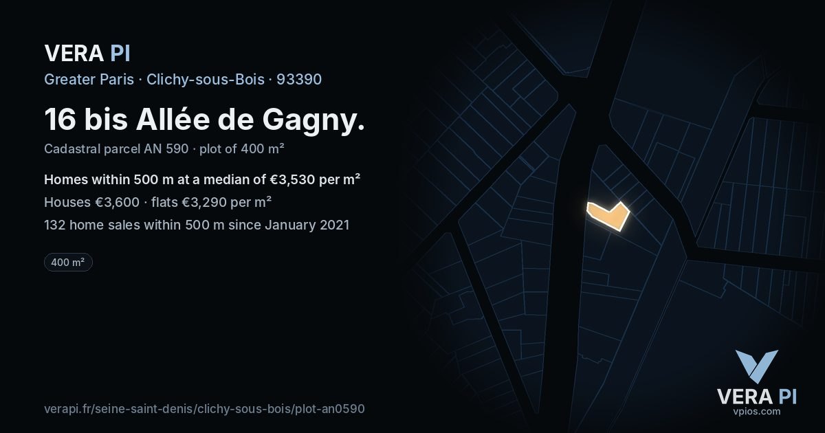16 bis Allée de Gagny, Clichy-sous-Bois at night – the plot lit, the parcels around coloured by the prices near them