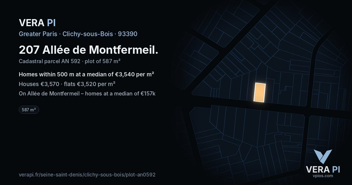 207 Allée de Montfermeil, Clichy-sous-Bois at night – the plot lit, the parcels around coloured by the prices near them