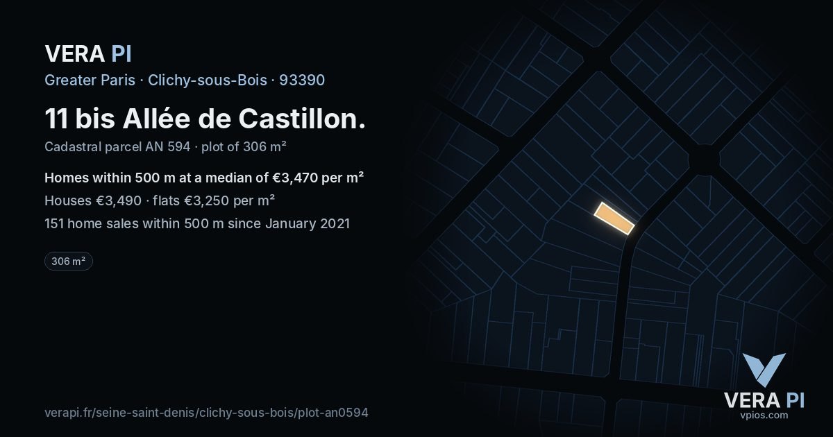 11 bis Allée de Castillon, Clichy-sous-Bois at night – the plot lit, the parcels around coloured by the prices near them