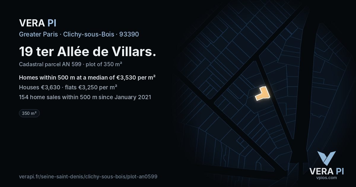 19 ter Allée de Villars, Clichy-sous-Bois at night – the plot lit, the parcels around coloured by the prices near them