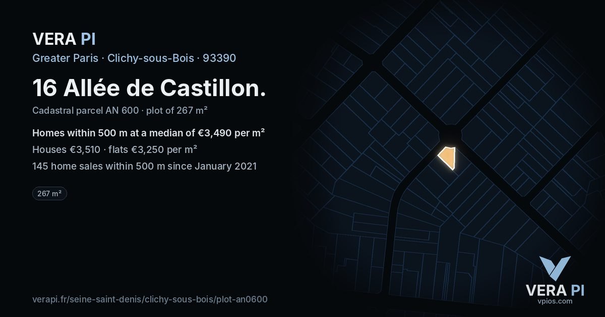 16 Allée de Castillon, Clichy-sous-Bois at night – the plot lit, the parcels around coloured by the prices near them