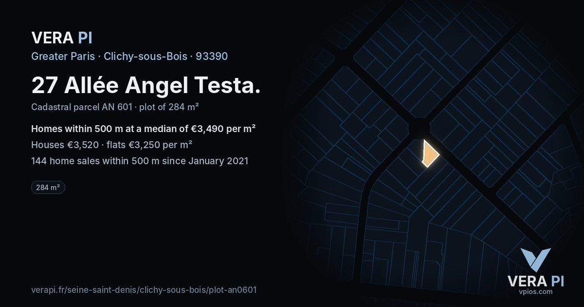 27 Allée Angel Testa, Clichy-sous-Bois at night – the plot lit, the parcels around coloured by the prices near them