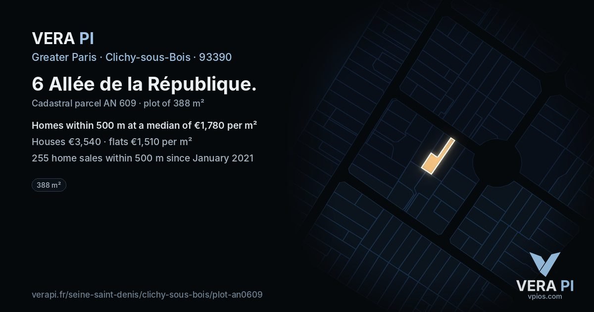 6 Allée de la République, Clichy-sous-Bois at night – the plot lit, the parcels around coloured by the prices near them