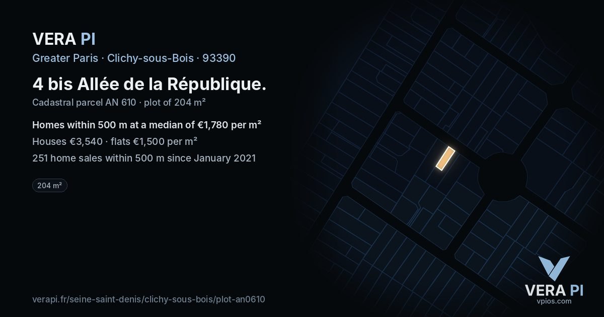 4 bis Allée de la République, Clichy-sous-Bois at night – the plot lit, the parcels around coloured by the prices near them