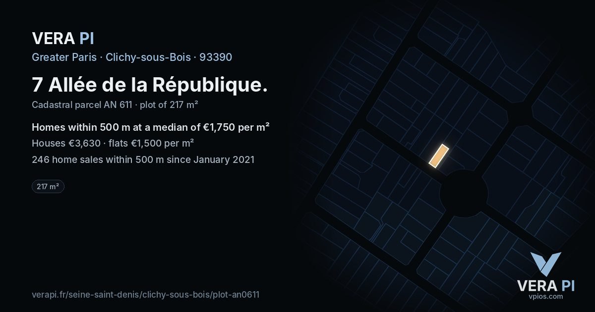 7 Allée de la République, Clichy-sous-Bois at night – the plot lit, the parcels around coloured by the prices near them
