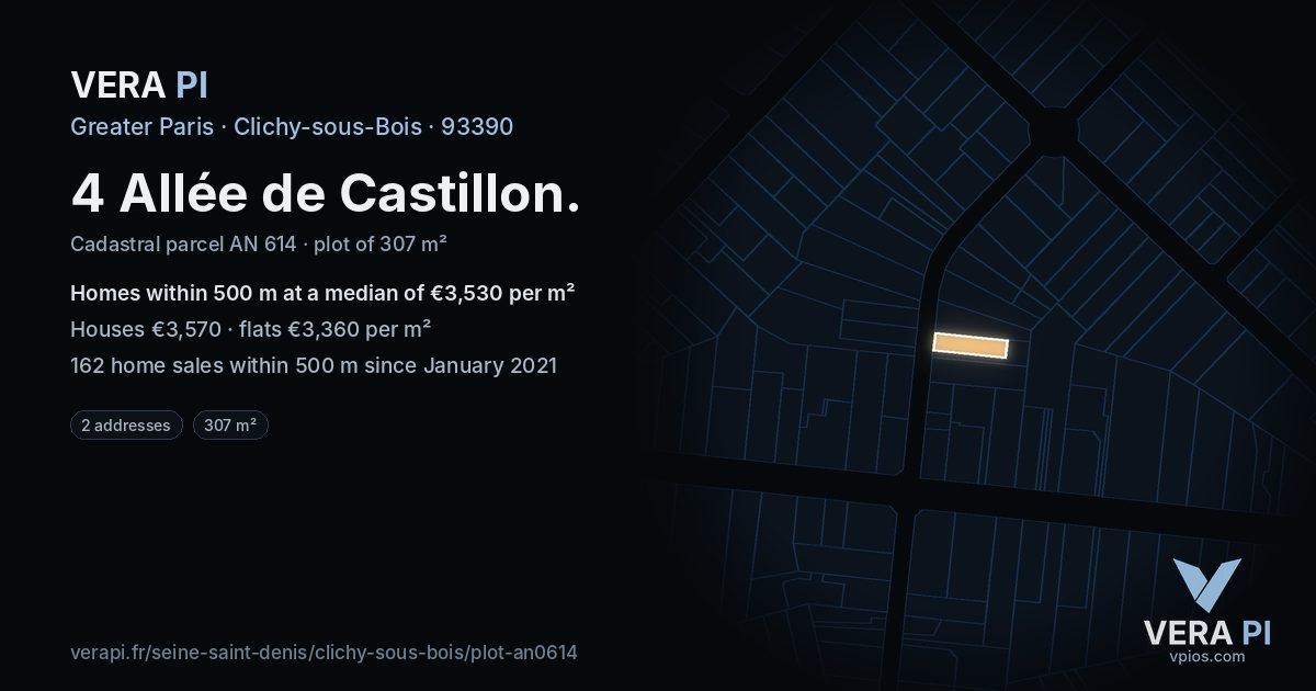 4 Allée de Castillon, Clichy-sous-Bois at night – the plot lit, the parcels around coloured by the prices near them