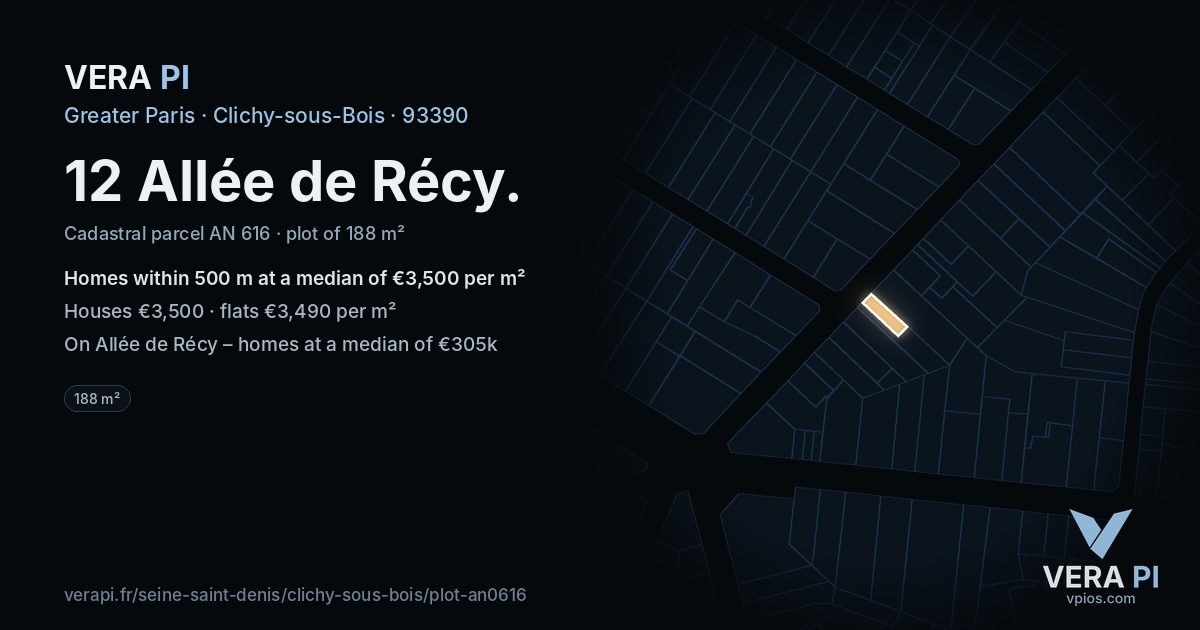 12 Allée de Récy, Clichy-sous-Bois at night – the plot lit, the parcels around coloured by the prices near them