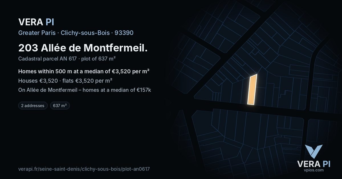 203 Allée de Montfermeil, Clichy-sous-Bois at night – the plot lit, the parcels around coloured by the prices near them