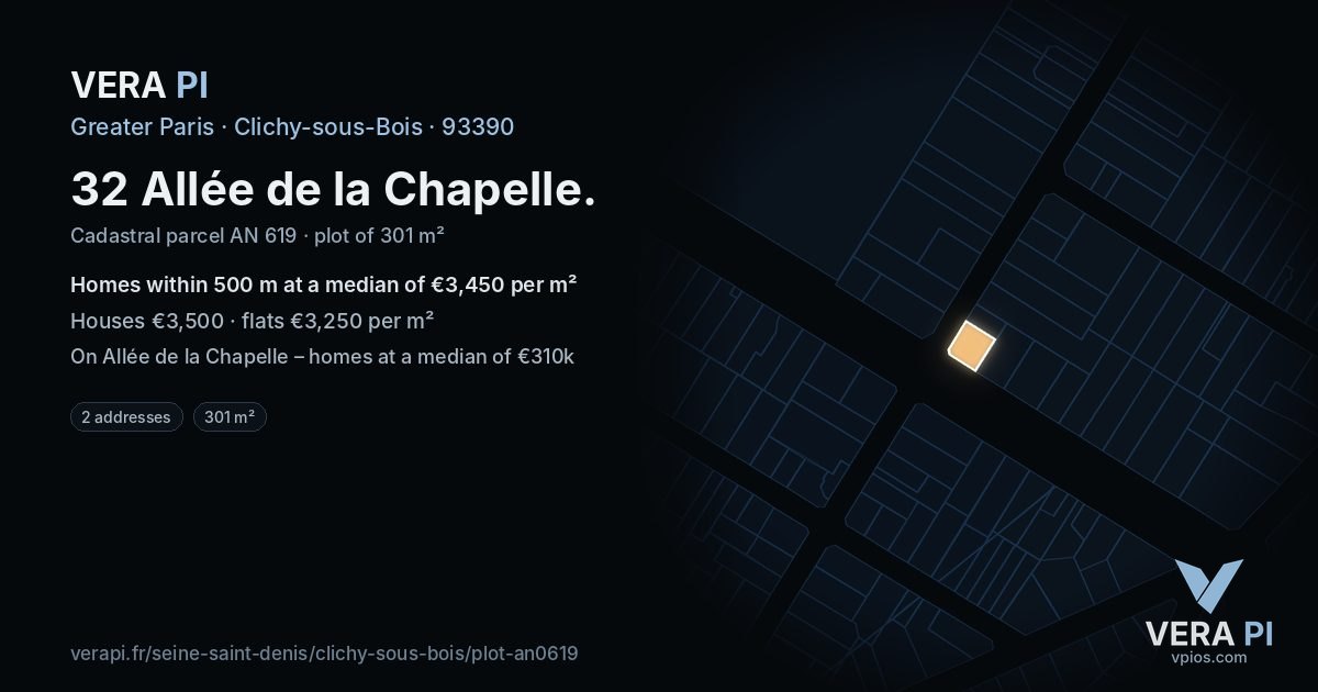 32 Allée de la Chapelle, Clichy-sous-Bois at night – the plot lit, the parcels around coloured by the prices near them