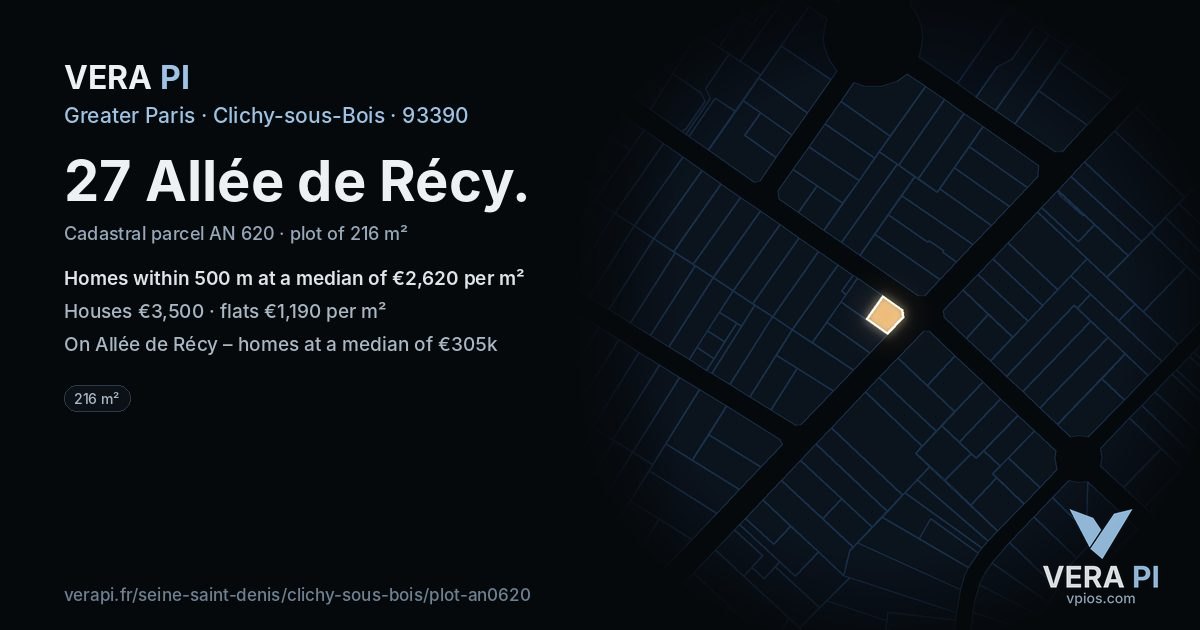27 Allée de Récy, Clichy-sous-Bois at night – the plot lit, the parcels around coloured by the prices near them